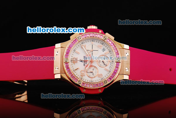 Hublot Big Bang Chronograph Quartz Movement White Dial with Pink Diamond Bezel and Pink Rubber Strap-Lady Size - Click Image to Close