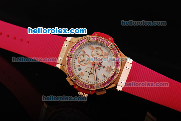 Hublot Big Bang Chronograph Quartz Movement White Dial with Pink Diamond Bezel and Pink Rubber Strap-Lady Size - Click Image to Close