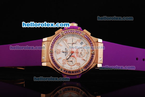 Hublot Big Bang Chronograph Quartz Movement White Dial with Purple Diamond and Purple Rubber Strap-Lady Size - Click Image to Close