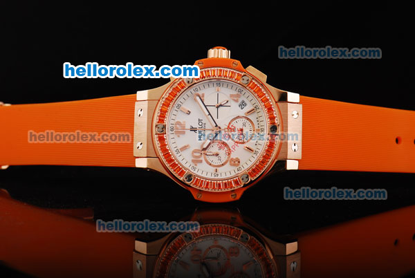 Hublot Big Bang Chronograph Quartz Movement White Dial with Orange Diamond Bezel and Orange Rubber Strap-Lady Size - Click Image to Close