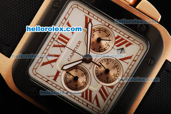Cartier Santos 100 Chronograph Quartz Movement Rose Gold Case with White Dial and PVD Bezel - Click Image to Close