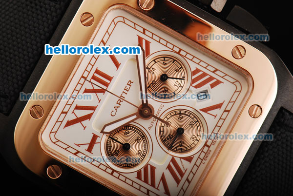 Cartier Santos 100 Chronograph Quartz Movement PVD Case with White Dial and Rose Gold Bezel - Click Image to Close