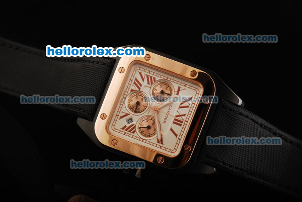 Cartier Santos 100 Chronograph Quartz Movement PVD Case with White Dial and Rose Gold Bezel - Click Image to Close