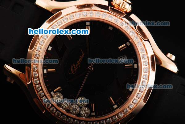 Chopard Happy Sport Quartz Movement Rose Gold Case with Black Dial and Diamond Bezel - Click Image to Close