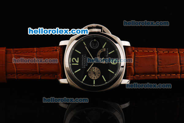 Panerai PAM 124 Luminor Power Reserve Automatic Movement Black Dial with Green Stick Markers and Brown Leather Strap - Click Image to Close