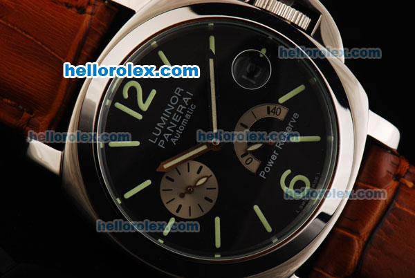 Panerai PAM 124 Luminor Power Reserve Automatic Movement Black Dial with Green Stick Markers and Brown Leather Strap - Click Image to Close