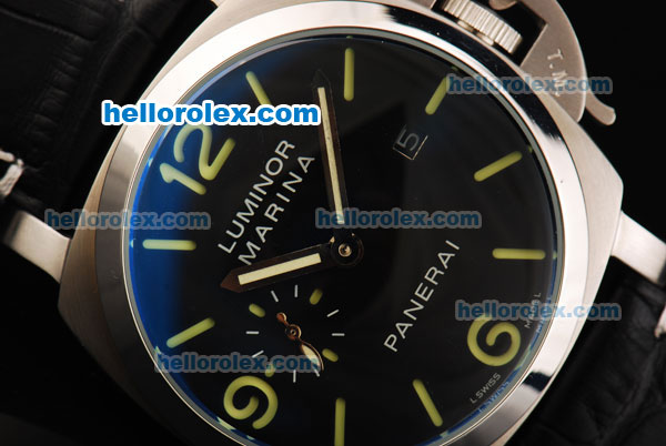 Panerai Luminor Marina PAM 320 Automatic Movement Black Dial with Green Stick Markers/Numerals and Black Leather Strap - Click Image to Close