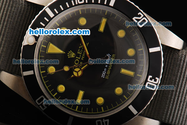 Rolex Submariner Oyster Perpetual Swiss ETA 2836 Automatic Movement Black Dial with Yellow Markers and Grey Nylon Strap - Click Image to Close