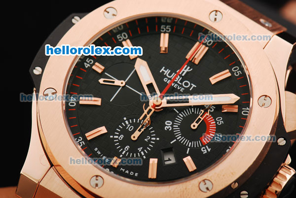 Hublot Big Bang Limited Edition Swiss Valjoux 7750 Automatic Movement Black Dial with Rose Gold Stick Markers/Bezel and Black Leather Strap - Click Image to Close