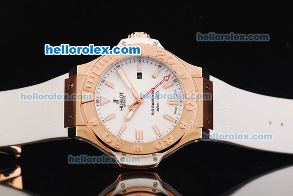 Hublot King Power Limited Edition Swiss ETA 2892 Automatic Movement White Dial with Rose Gold Bezel and White Rubber Strap - Click Image to Close