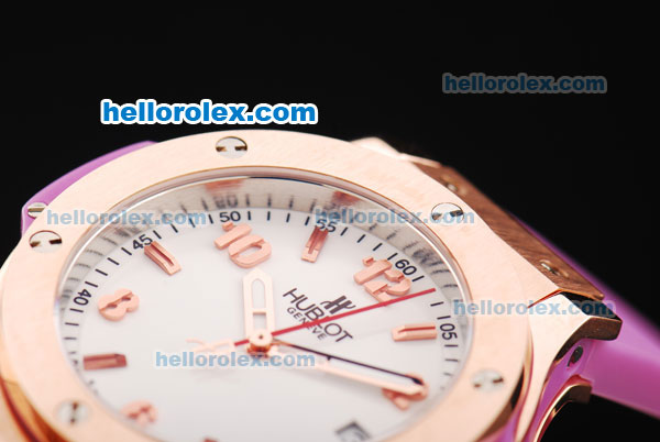 Hublot Big Bang Swiss Quartz Movement White Dial with Rose Gold Bezel and Purple Rubber Strap-Lady Size - Click Image to Close