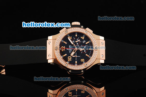 Hublot Big Bang Chronograph Swiss Quartz Rose Gold Case with Diamond Bezel and Black Rubber Strap-Lady Size - Click Image to Close