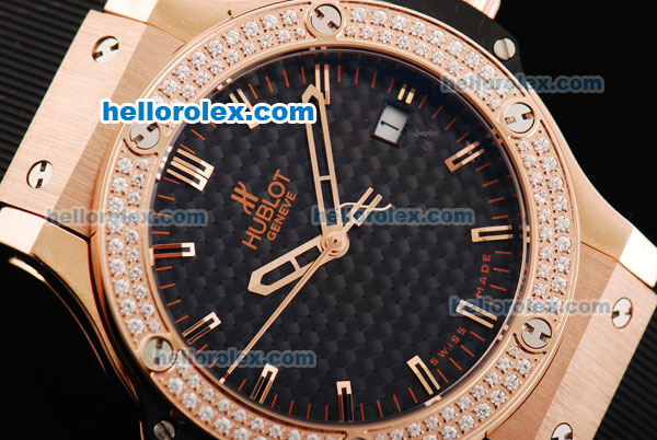 Hublot Big Bang Swiss Quartz Movement Black Grid Dial with Diamond Bezel and Rose Gold Stick Markers-Lady Size - Click Image to Close