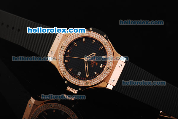 Hublot Big Bang Swiss Quartz Movement Black Grid Dial with Diamond Bezel and Rose Gold Stick Markers-Lady Size - Click Image to Close