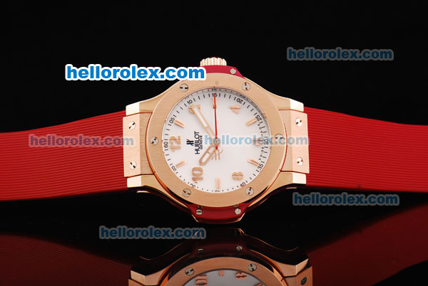 Hublot Big Bang Swiss Quartz Movement White Dial with Rose Gold Stick Markers/Numerals and Red Rubber Strap-Lady Size - Click Image to Close