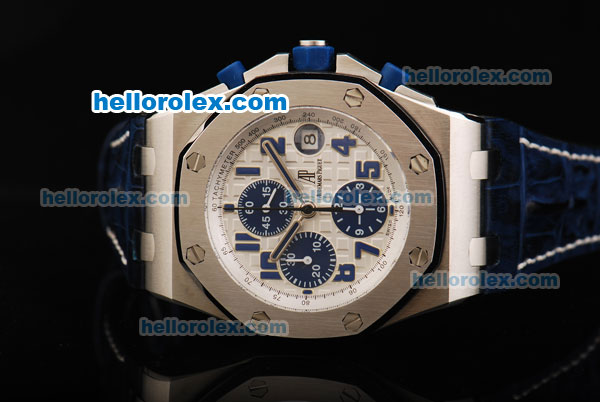 Audemars Piguet Royal Oak Offshore Navy Swiss Valjoux 7750 Automatic Movement Steel Case with Blue Subdials and Blue Leather Strap with White Stitching-Run 12@sec - Click Image to Close