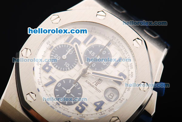 Audemars Piguet Royal Oak Offshore Navy Swiss Valjoux 7750 Automatic Movement Steel Case with Blue Subdials and Blue Leather Strap with White Stitching-Run 12@sec - Click Image to Close