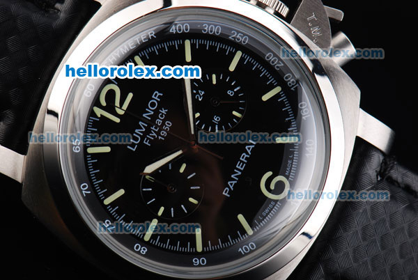 Panerai Luminor PAM212 Flyback 1950 Chronograph Miyota Quartz Movement Steel Case with Black Dial and Black Leather Strap - Click Image to Close