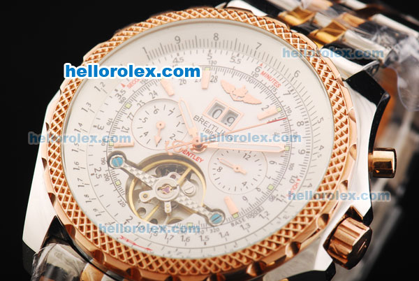 Breitling for Bentley Motors Tourbillon Automatic Movement White Dial with Rose Gold Honeycomb Bezel and Two Tone Strap - Click Image to Close