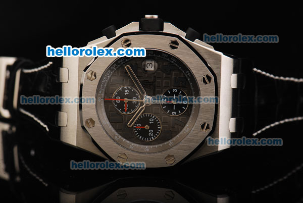 Audemars Piguet Royal Oak Offshore Grey Themes Swiss Valjoux 7750 Automatic Movement Titanium Case with Grey Dial and Black Leather Strap - Click Image to Close