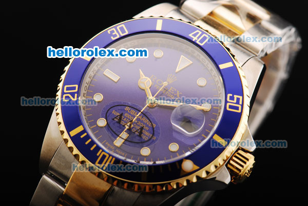Rolex Submariner Swiss ETA 2836 Automatic Movement Steel Case with Blue Dial and Two Tone Strap - Click Image to Close