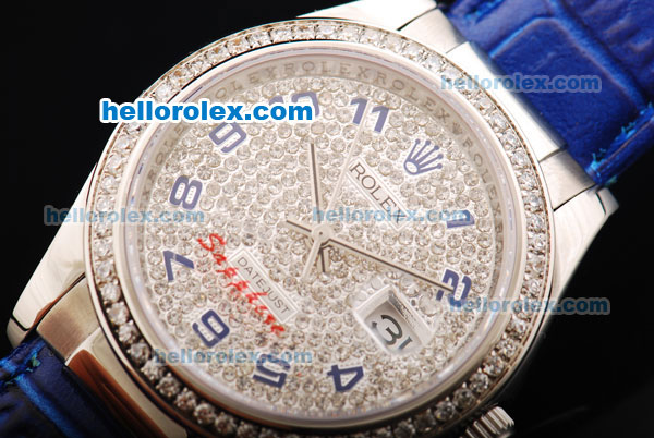 Rolex Datejust Oyster Perpetual Automatic Movement Diamond Dial with Diamond Bezel and Blue Arabic Numerals and Blue Leather Strap - Click Image to Close