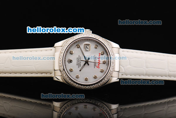 Rolex Datejust Oyster Perpetual Automatic Movement White Dial with Diamond Hour Markers/Bezel and White Leather Strap - Click Image to Close
