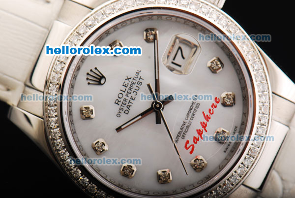Rolex Datejust Oyster Perpetual Automatic Movement White Dial with Diamond Hour Markers/Bezel and White Leather Strap - Click Image to Close
