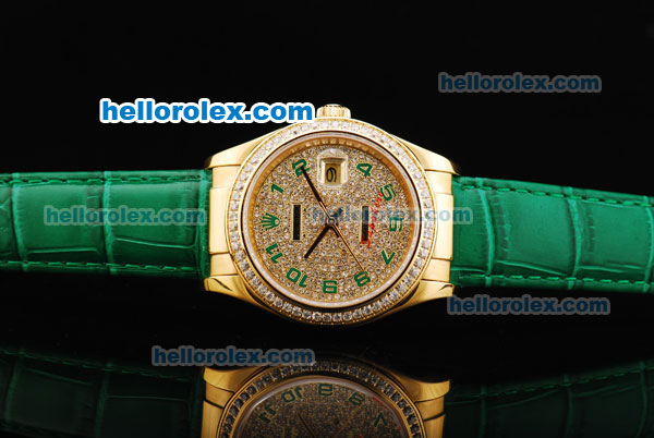 Rolex Datejust Oyster Perpetual Automatic Movement Gold Case with Diamond Dial and Green Arabic Numerals - Click Image to Close