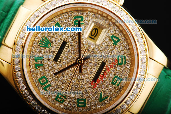 Rolex Datejust Oyster Perpetual Automatic Movement Gold Case with Diamond Dial and Green Arabic Numerals - Click Image to Close
