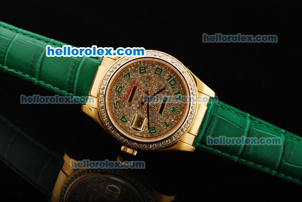 Rolex Datejust Oyster Perpetual Automatic Movement Gold Case with Diamond Dial and Green Arabic Numerals - Click Image to Close