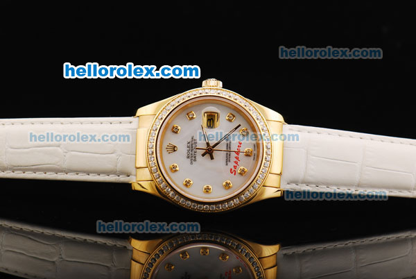 Rolex Datejust Oyster Perpetual Automatic Movement Gold Case with Diamond Markers/Bezel and white Leather Strap - Click Image to Close