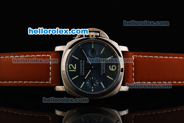 Panerai Luminor Marina Pam 104 Automatic Movement Steel Case with Blue Dial and Brown Leather Strap - Click Image to Close