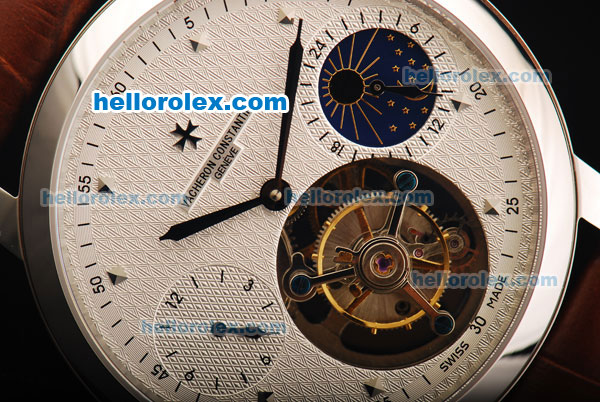 Vacheron Constantin Tourbillon Swiss Manual Winding Movement Steel Case with White Dial and Moon Phase - Click Image to Close