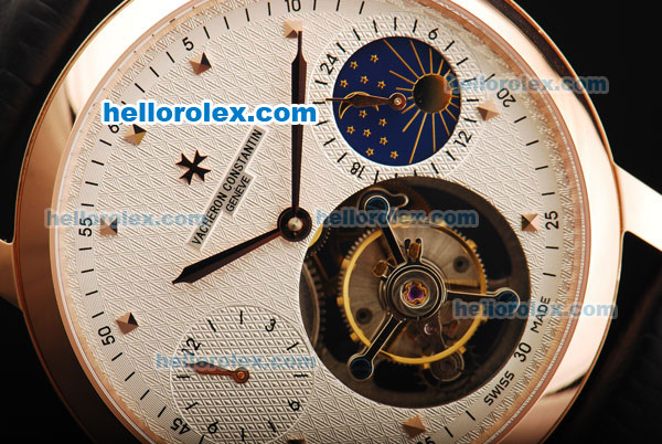 Vacheron Constantin Tourbillon Swiss Manual Winding Movement Rose Gold Case with White Dial and Moon Phase - Click Image to Close