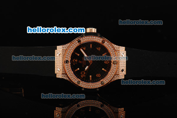 Hublot Big Bang Swiss Quartz Movement Rose Gold Case with Black Dial and Double Row Diamond Bezel - Click Image to Close