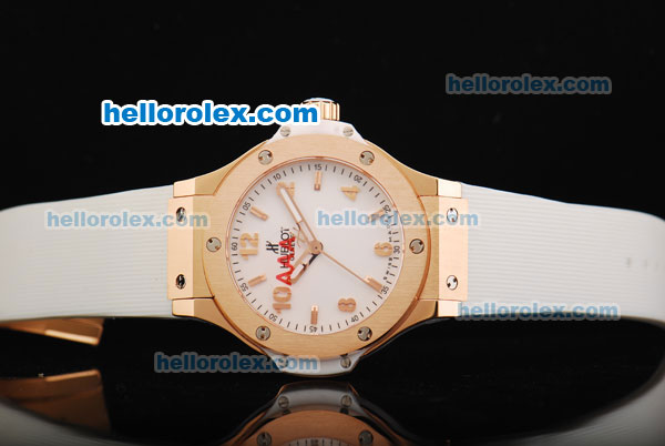 Hublot Big Bang Swiss Quartz Movement White Dial with Rose Gold Bezel and White Rubber Strap - Click Image to Close