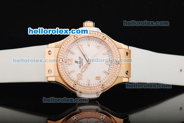 Hublot Big Bang Swiss Quartz Movement White Dial with Diamond Bezel and Rose Gold Stick Markers/Arabic Numerals-Lady Model - Click Image to Close
