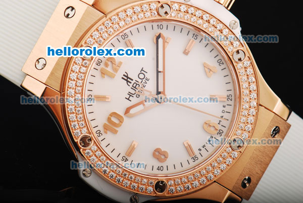 Hublot Big Bang Swiss Quartz Movement White Dial with Diamond Bezel and Rose Gold Stick Markers/Arabic Numerals-Lady Model - Click Image to Close