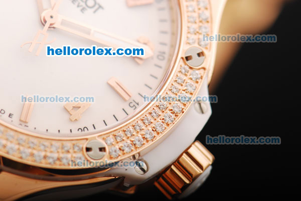 Hublot Big Bang Swiss Quartz Movement White Dial with Diamond Bezel and Rose Gold Stick Markers/Arabic Numerals-Lady Model - Click Image to Close