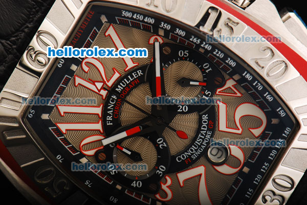 Franck Muller Conquistador F1 Singapore GP Quartz Movement Steel Case with White Arabic Numeral Markers and Black Leather Strap - Click Image to Close