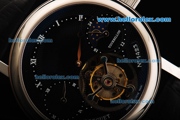 Breguet Tourbillon Manual Winding Movement Steel Case with Black Dial and Black Leather Strap - Click Image to Close