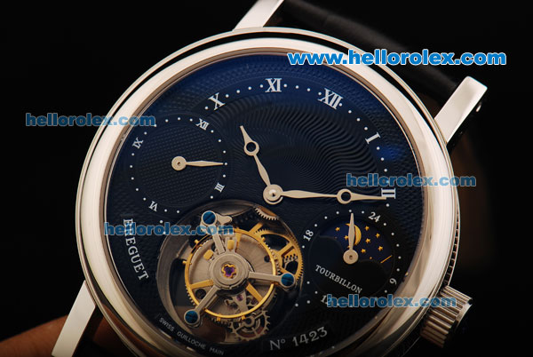 Breguet Tourbillon Manual Winding Movement Steel Case with Black Dial and Black Leather Strap - Click Image to Close