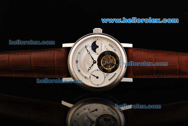 Breguet Tourbillon Manual Winding Movement Steel Case with White Dial and Brown Leather Strap - Click Image to Close