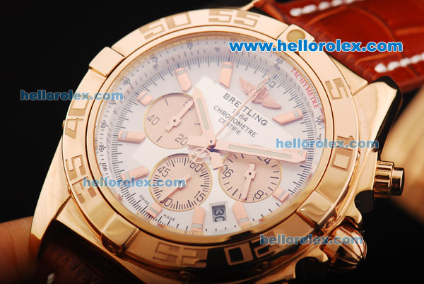 Breitling Chronomat B01 Chronograph Miyota Quartz Movement Rose Gold Case with Rose Gold Stick Markers and Brown Leather Strap - Click Image to Close
