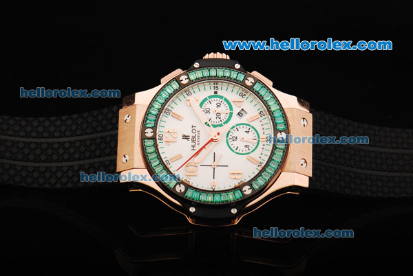 Hublot Big Bang Swiss Valjoux 7750 Automatic Movement Rose Gold Case with White Dial and Green Diamond Bezel-Limited Edition - Click Image to Close