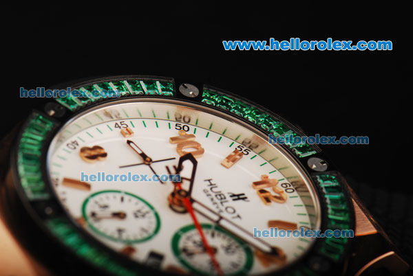 Hublot Big Bang Swiss Valjoux 7750 Automatic Movement Rose Gold Case with White Dial and Green Diamond Bezel-Limited Edition - Click Image to Close