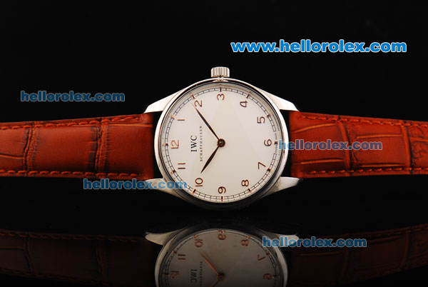 IWC Manual Winding Movement Steel Case with White Dial and Brown Leather Strap - Click Image to Close