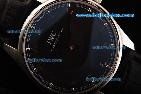 IWC Manual Winding Movement Black Dial with Steel Arabic Numerals and Black Leather Strap - Click Image to Close