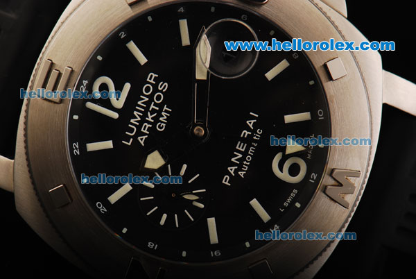 Panerai Pam 186 Luminor Arktos GMT Swiss Valjoux 7750 Automatic Movement Steel Case with Black Dial and Black Rubber Strap - Click Image to Close